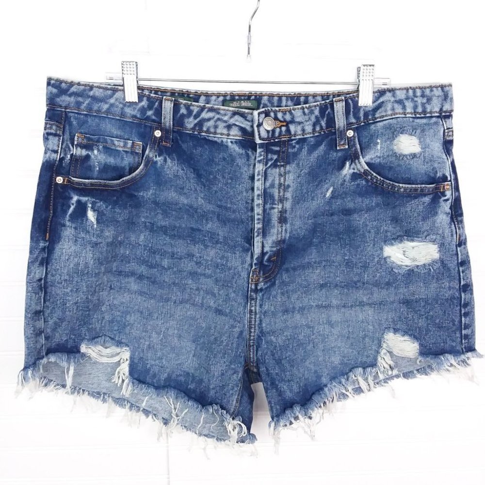 Wild Fable High-Rise Distressed Fringe Jean Shorts with button closer.